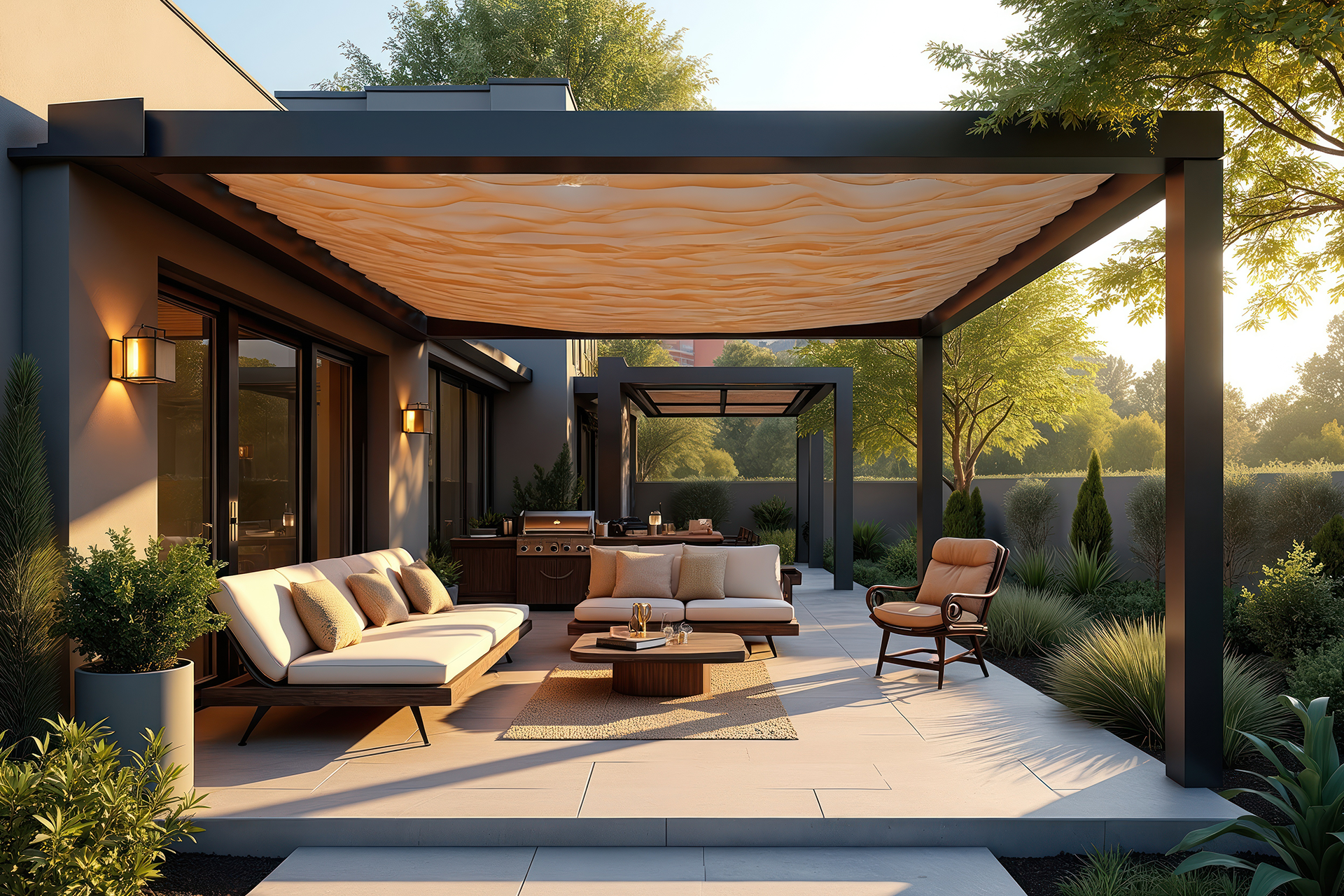 Custom-built backyard patio with pergola and pavers in Los Angeles