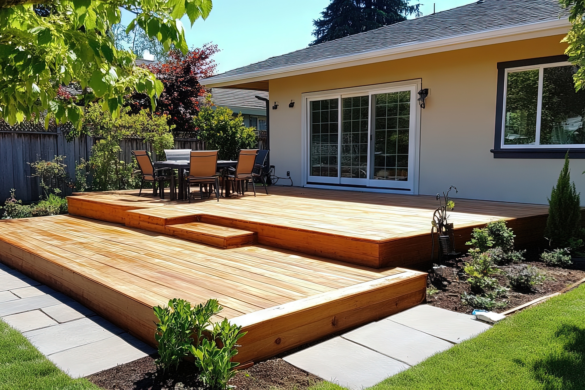 Modern patio construction with paver flooring and outdoor seating